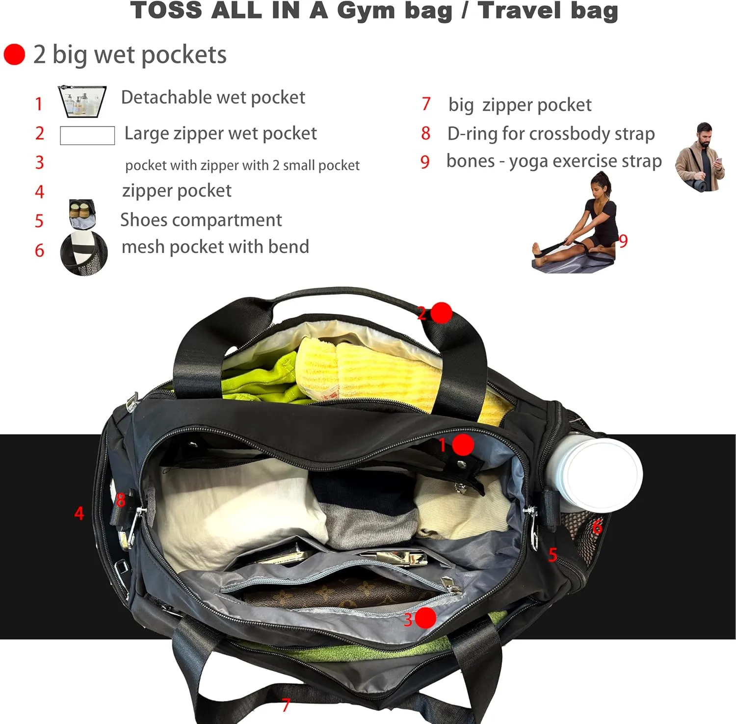 Small Gym Bag for Men & Women with Shoe & 2 Wet Compartment - Duffle Bag for Travel, Sports, Fitness & Workout (gray)