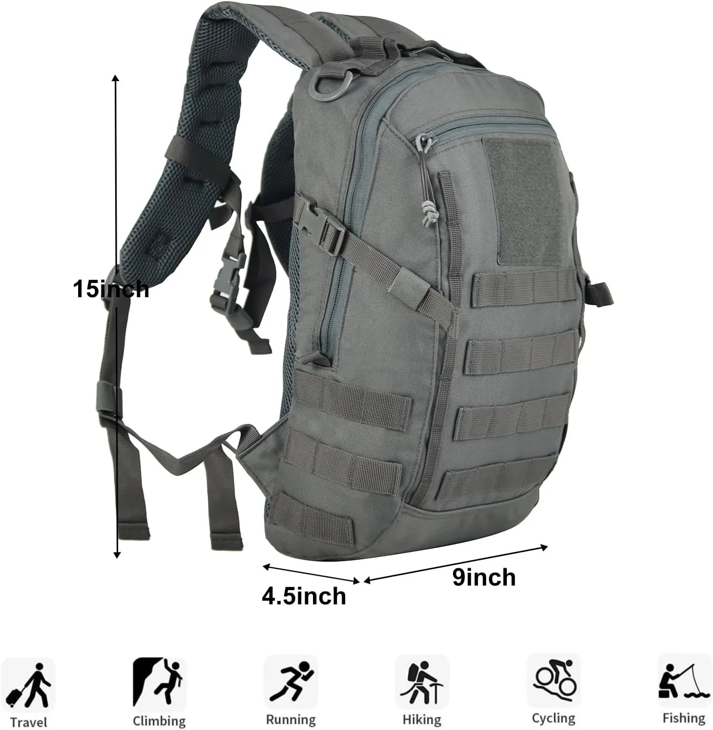 Small Tactical Backpack 12L Molle Bag Rucksack Army Daypack Military Daypack for Outdoor,Hiking (Grey)
