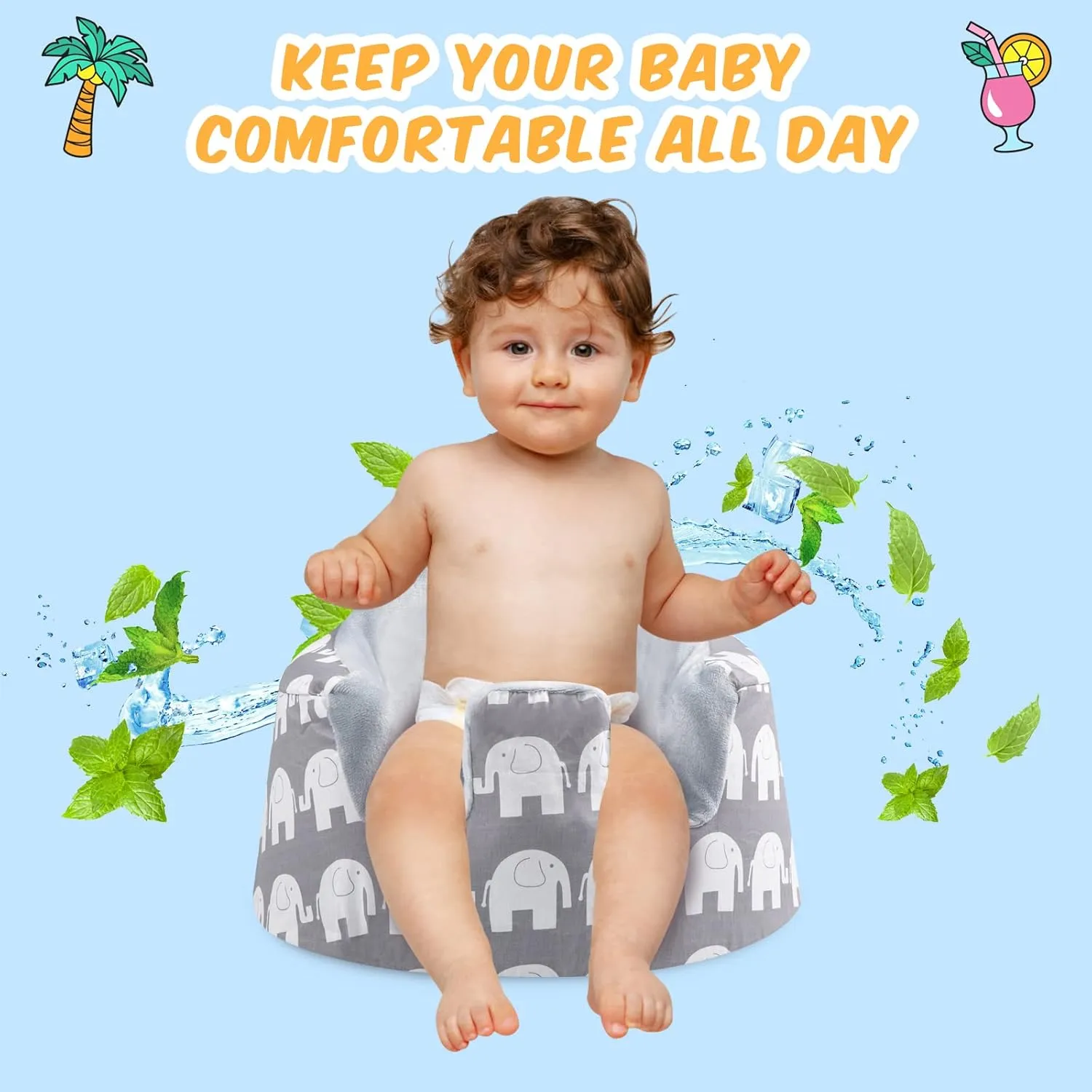SMTTW Seat Cover Compatible with Bumbo Seat, Summer Cooling Breathable Seat Cover for Baby Boy Girl (Grey Elephant)