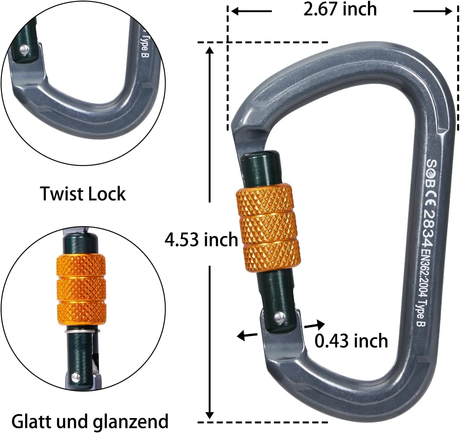 SOB Auto Locking Climbing Carabiner Clips,Heavy Duty Asymmetrical Carabiner Connector Used for Rappelling Gear Rescue Outdoor Projects Dog Leash