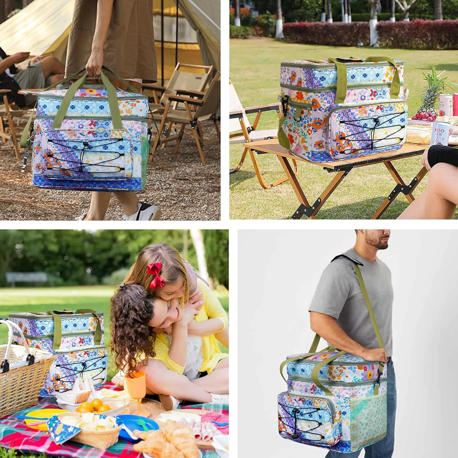 Soft Collapsible Insulated Sided Cooler - 60 Can Large Leakproof Picnic Beach Meal Prep Portable Travel Cooler for Shopping, Kayaking, Road Trips