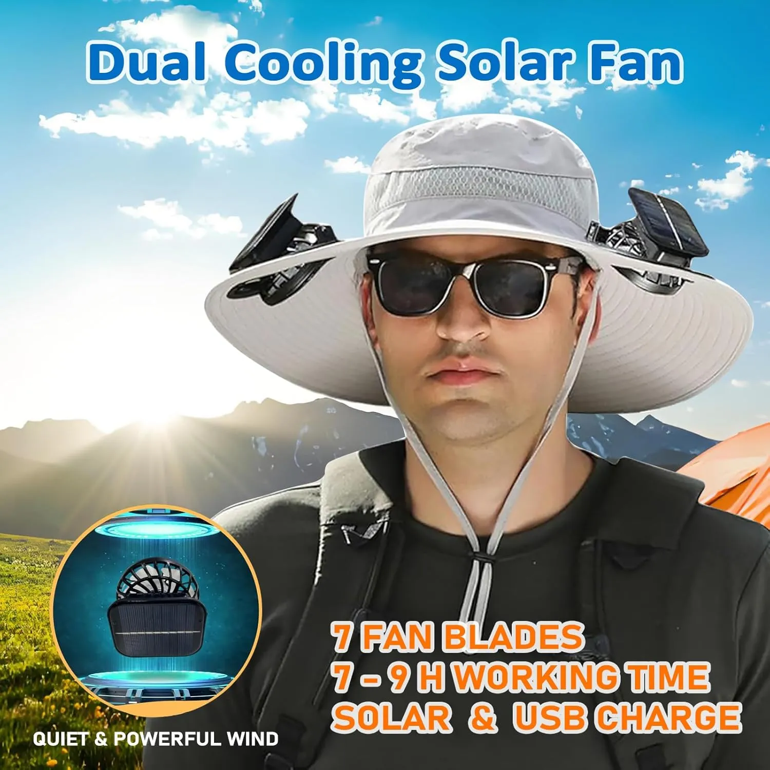 Solar Fan Hat Wide Brim Solar Fan Hat Outdoor Sun Hats for Men Women Fishing Hat with Removable & USB Charging Fan