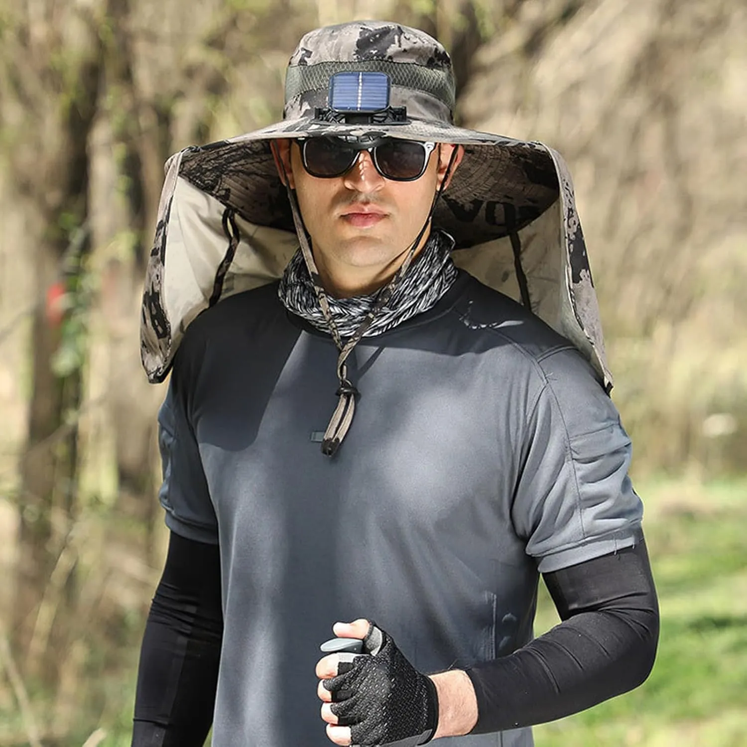 Solar Fan Hat with Neck Flap USB Rechargeable UV Protection Dual Cooling Fan Fishing Hat Foldable Men Women