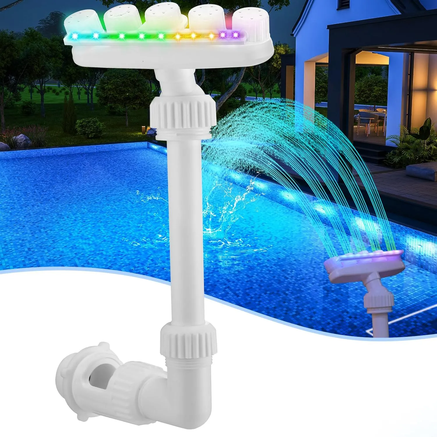 Solar Pool Fountain with 7 Color LED Lights Adjustable Fountain for Swimming Sprinkler Pool Waterfall Lights Fun Waterfall Sprayer for Above and Inground