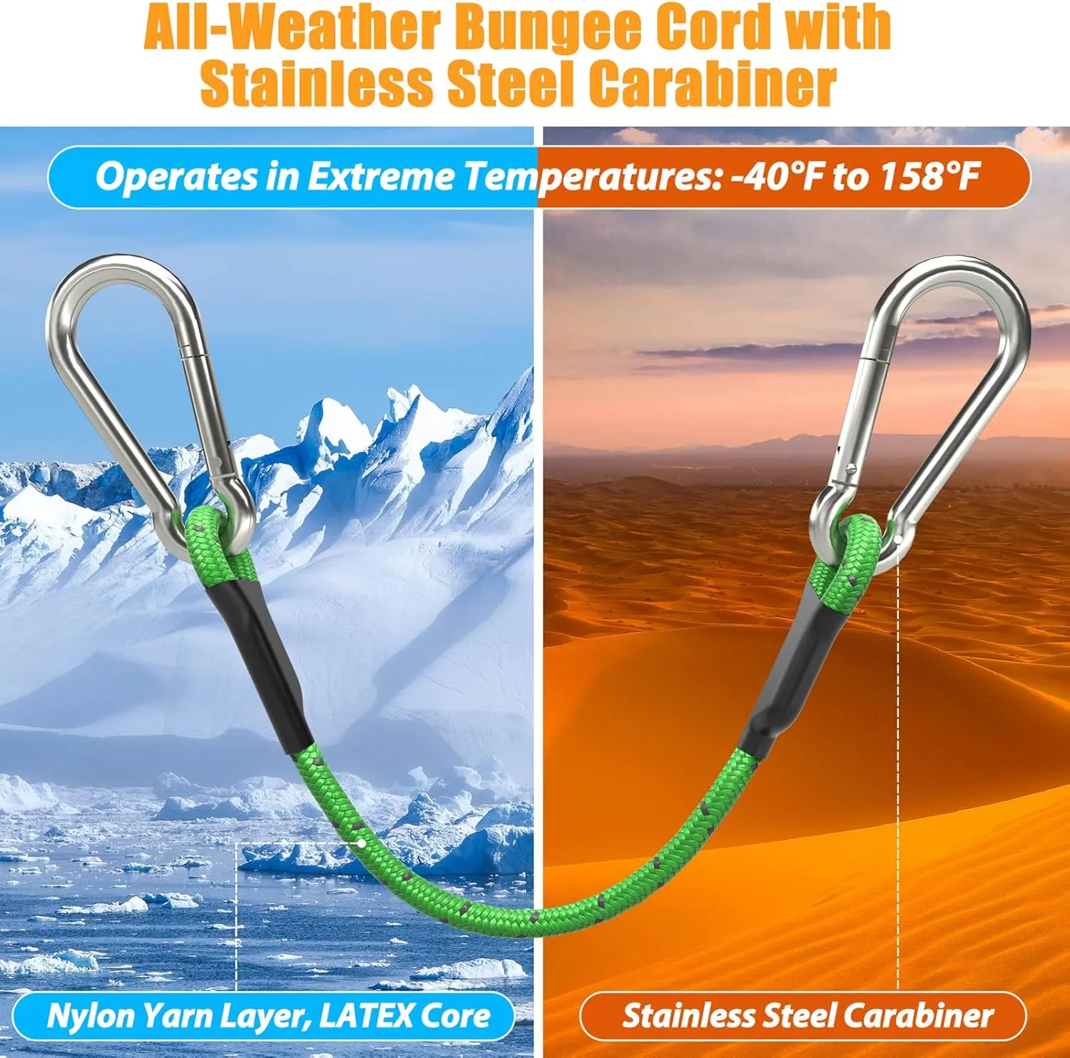 sprookber 12 Inch Bungee Cords with Stainless Steel Carabiner, Heavy Duty Strong Bungee Cords for Camping, Tarps, Bike Rack, Hand Carts etc, Set of 4