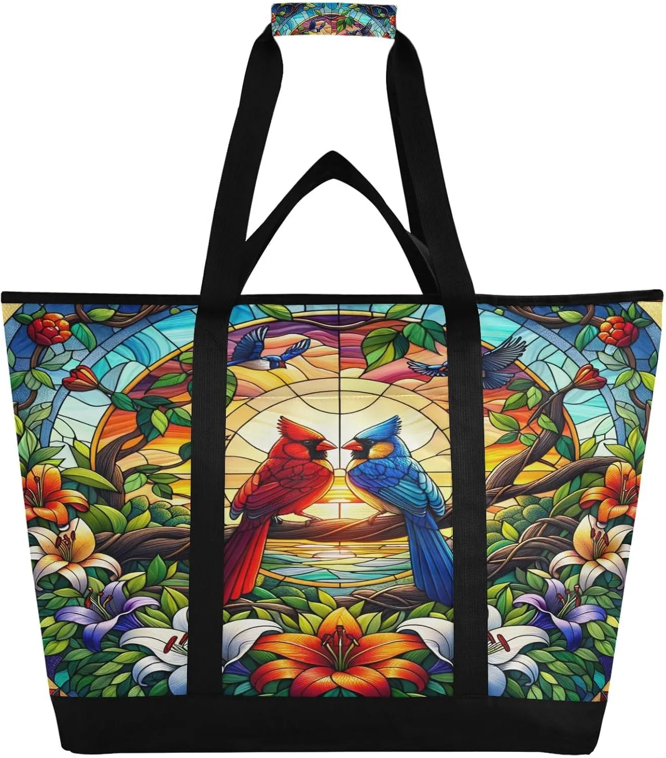 Stained Glass Birds Reusable Insulated Lunchbox Cooler Bag, Leakproof Kitchen Grocery Bag Collapsible Portable Cooler Tote Bag for Picnic, Camping, Office, Travel
