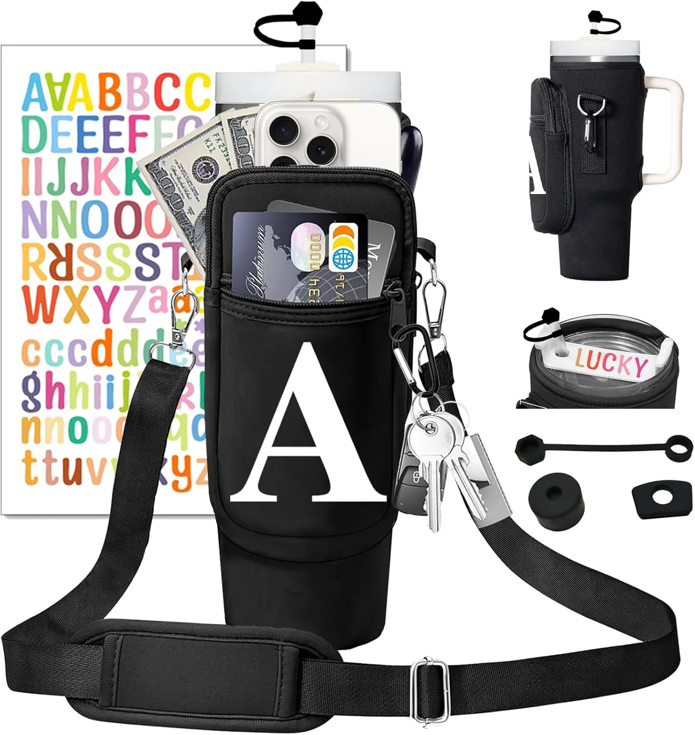 Stanley Cup Holder with Strap, 40 oz Stanley Cup Bag Carrier for Tumbler, Water Bottle Carrier Holder Sling Bag with Phone Pocket, Adjustable Strap& Straw Cover, Stanley Cup Accessories (A)