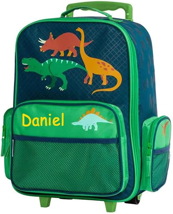 Stephen Joseph Kids Luggage - Personalized Carry On Luggage - Green Dinosaur Travel Bag - Rolling Bag with Custom Name