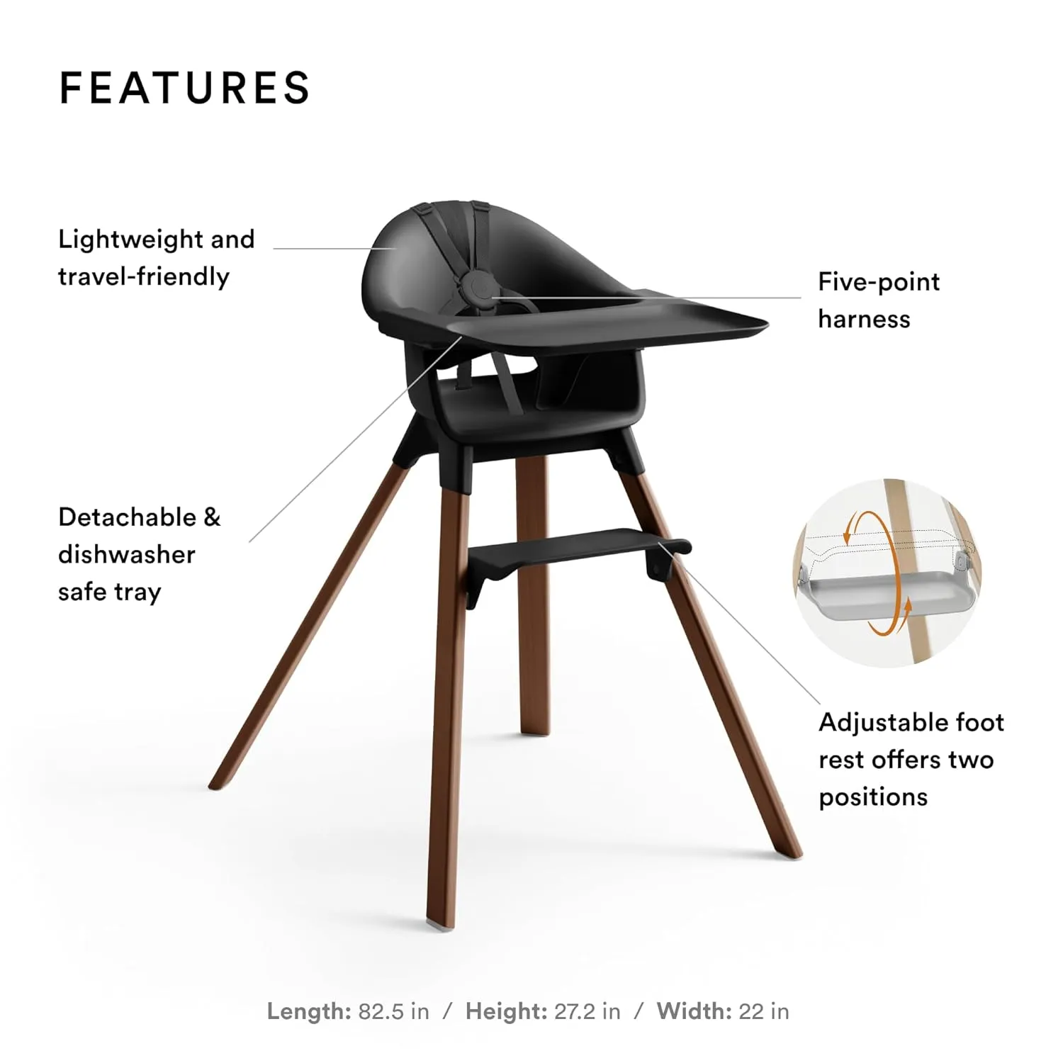 Stokke Clikk High Chair, Black/Warm Brown - All-in-One High Chair with Tray   Harness - Light, Durable & Travel Friendly - Ergonomic with Adjustable Features - Best for 6-36 Months or Up to 33 lbs
