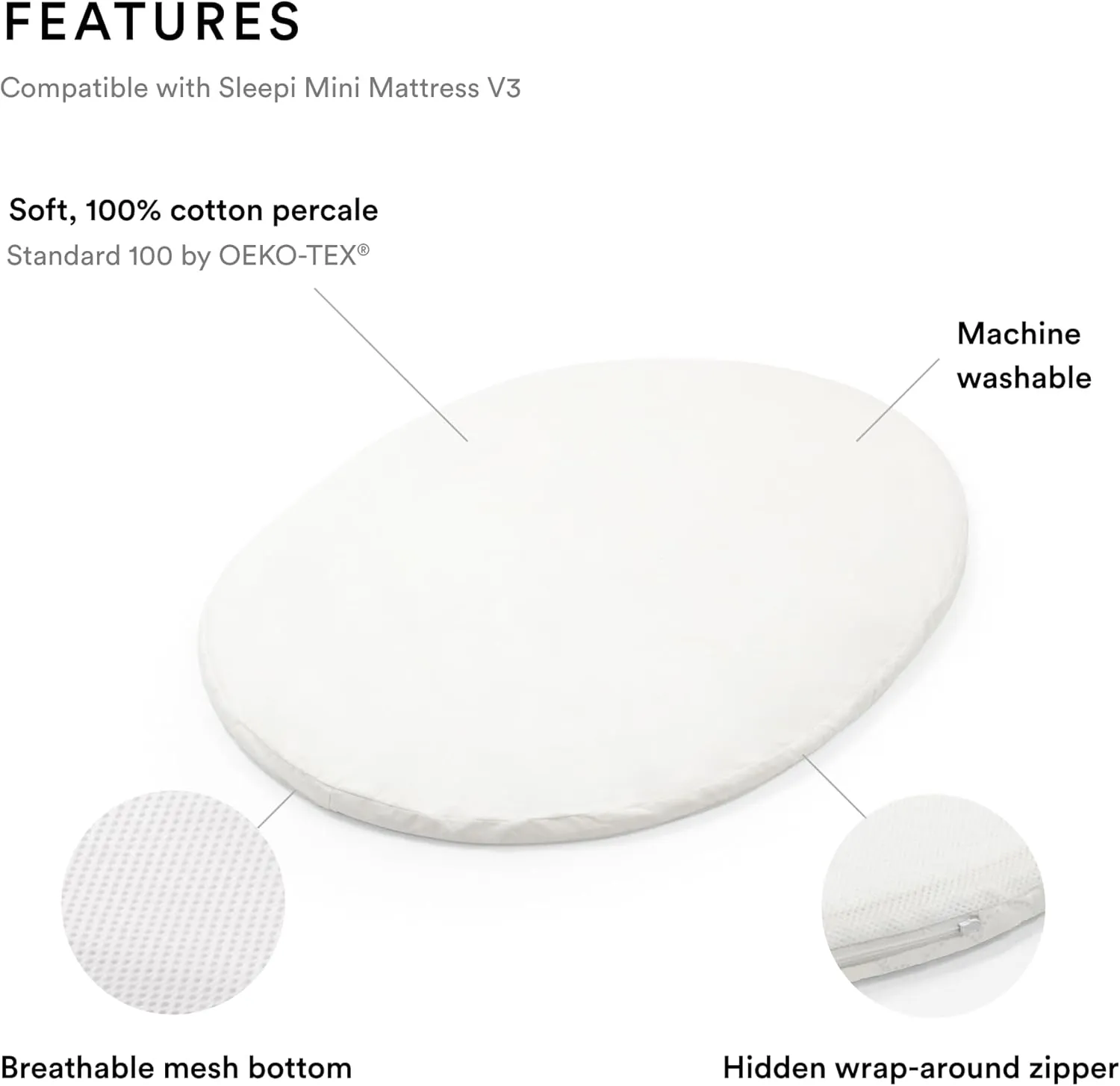 Stokke Sleepi Mini Fitted Sheet V3, White - Compatible with Sleepi Mini Mattress V3-100% Fine Cotton Percale - Washable