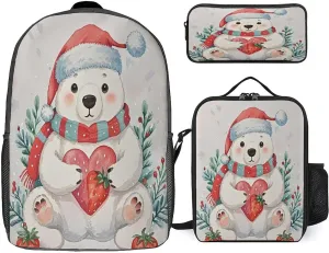 Stylish 3-in-1 Backpack Set, Christmas Bear Print Backpack, Lunch Bag & Pencil Case - Durable Polyester,Lightweight,Comfortable Straps