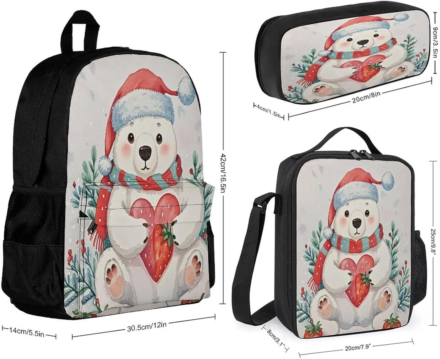 Stylish 3-in-1 Backpack Set, Christmas Bear Print Backpack, Lunch Bag & Pencil Case - Durable Polyester,Lightweight,Comfortable Straps