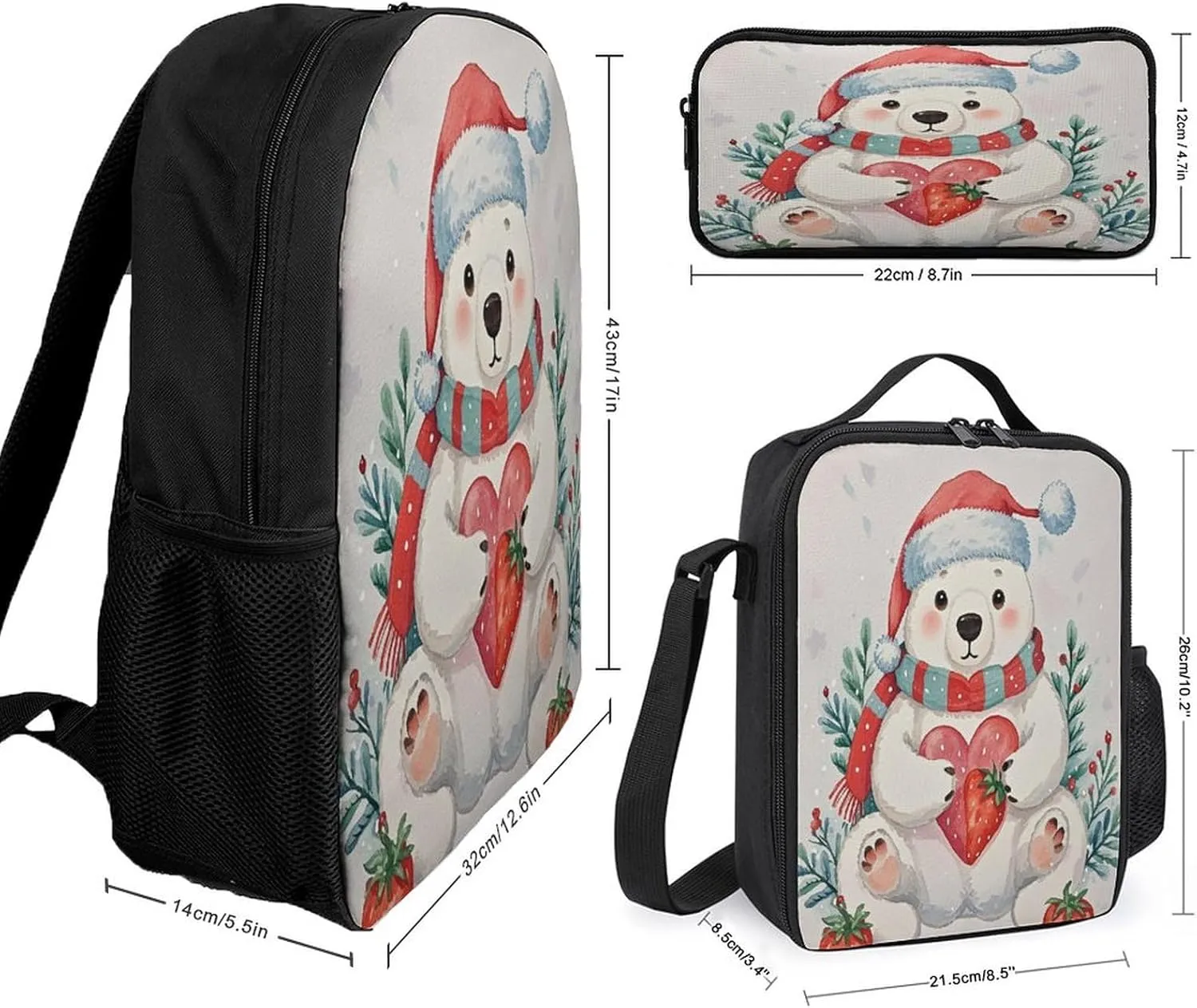 Stylish 3-in-1 Backpack Set, Christmas Bear Print Backpack, Lunch Bag & Pencil Case - Durable Polyester,Lightweight,Comfortable Straps