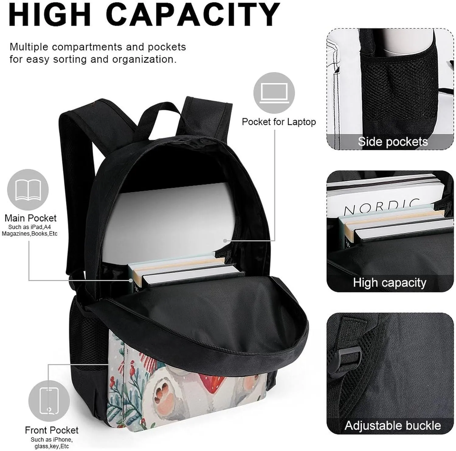 Stylish 3-in-1 Backpack Set, Christmas Bear Print Backpack, Lunch Bag & Pencil Case - Durable Polyester,Lightweight,Comfortable Straps