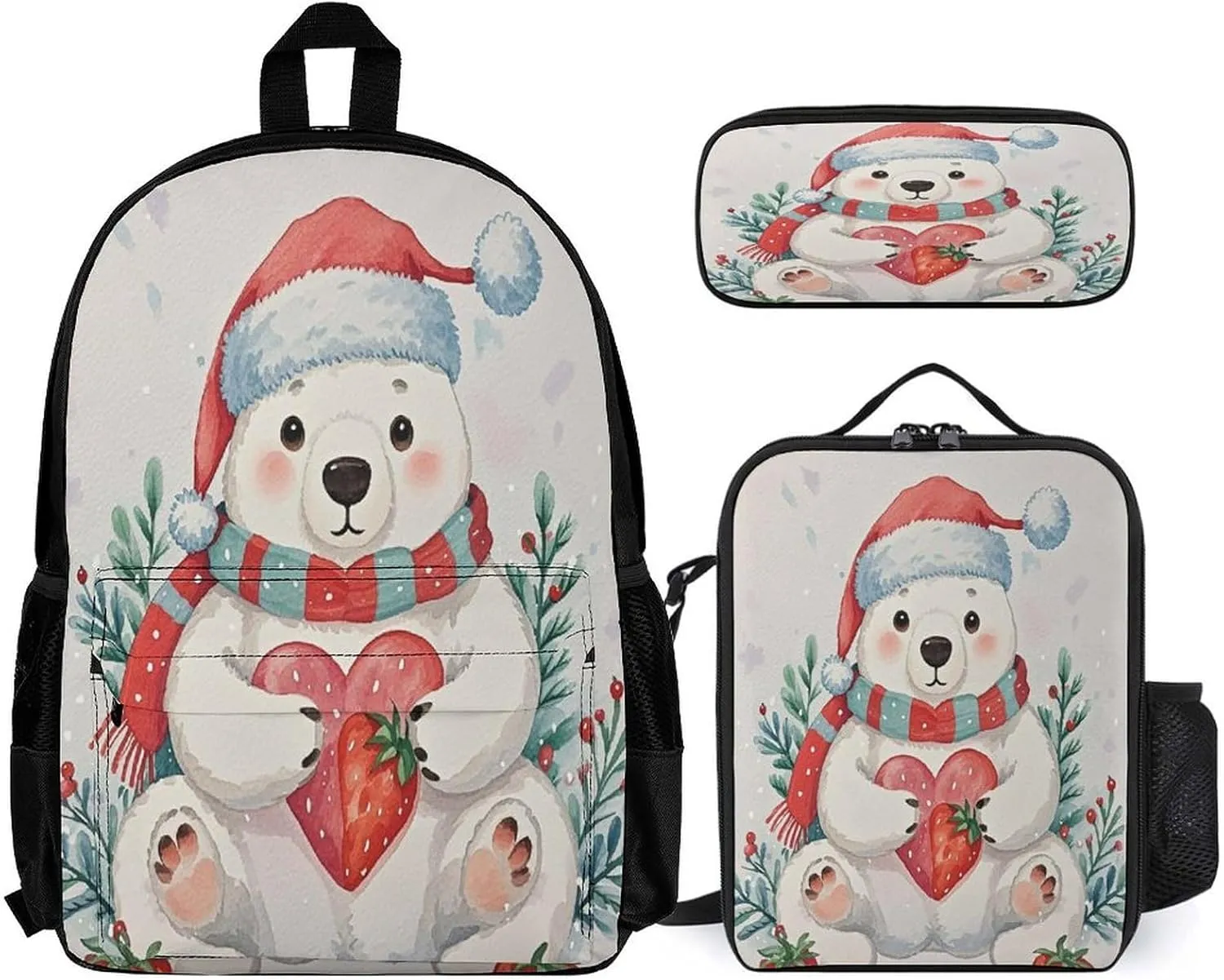 Stylish 3-in-1 Backpack Set, Christmas Bear Print Backpack, Lunch Bag & Pencil Case - Durable Polyester,Lightweight,Comfortable Straps
