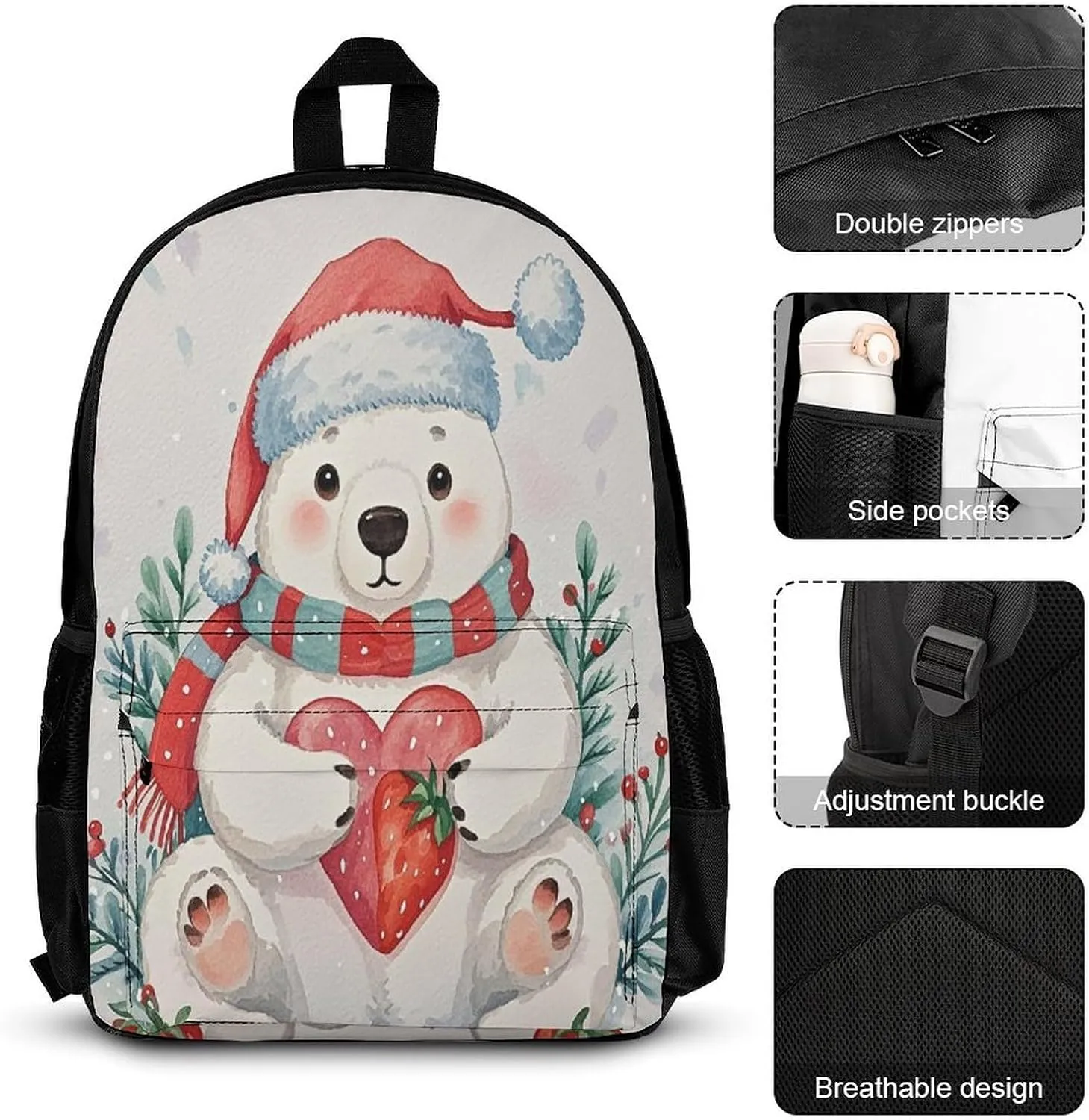 Stylish 3-in-1 Backpack Set, Christmas Bear Print Backpack, Lunch Bag & Pencil Case - Durable Polyester,Lightweight,Comfortable Straps