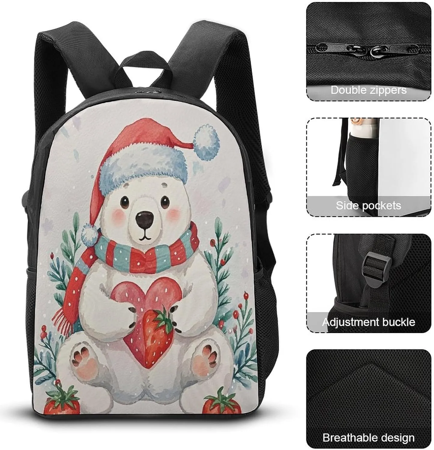 Stylish 3-in-1 Backpack Set, Christmas Bear Print Backpack, Lunch Bag & Pencil Case - Durable Polyester,Lightweight,Comfortable Straps