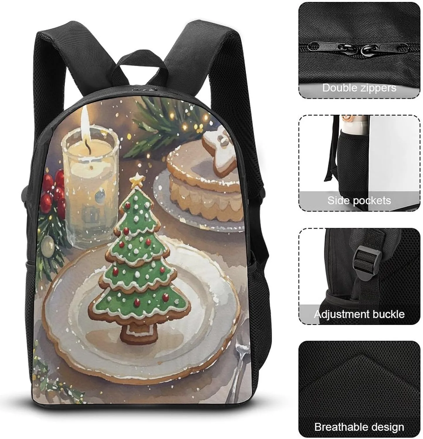 Stylish 3-in-1 Backpack Set, Christmas Candle Print Backpack, Lunch Bag & Pencil Case - Durable Polyester,Lightweight,Comfortable Straps