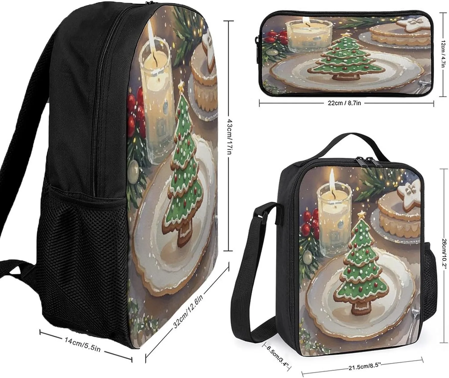 Stylish 3-in-1 Backpack Set, Christmas Candle Print Backpack, Lunch Bag & Pencil Case - Durable Polyester,Lightweight,Comfortable Straps