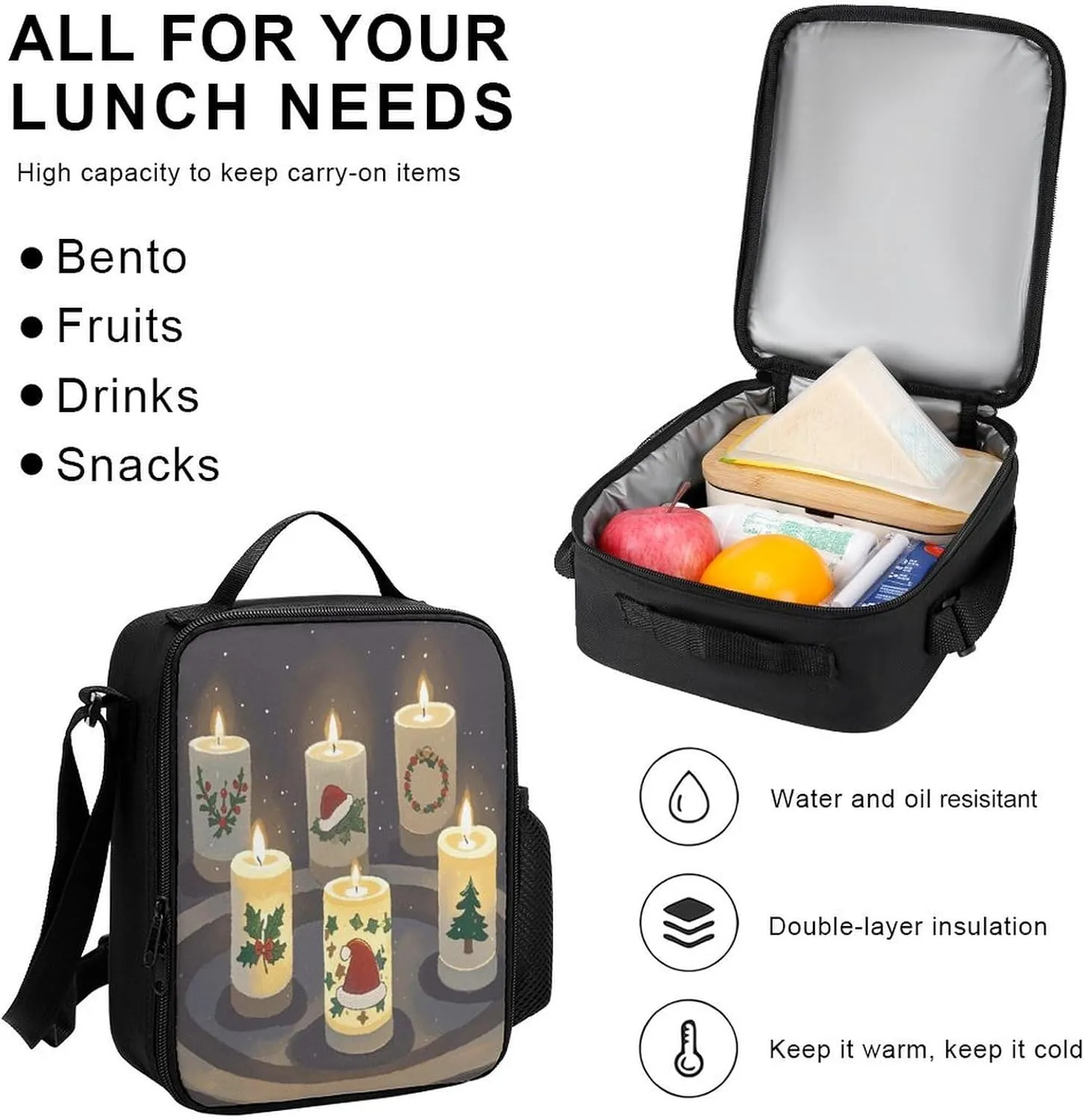 Stylish 3-in-1 Backpack Set, Christmas Candles Print Backpack, Lunch Bag & Pencil Case - Durable Polyester,Lightweight,Comfortable Straps