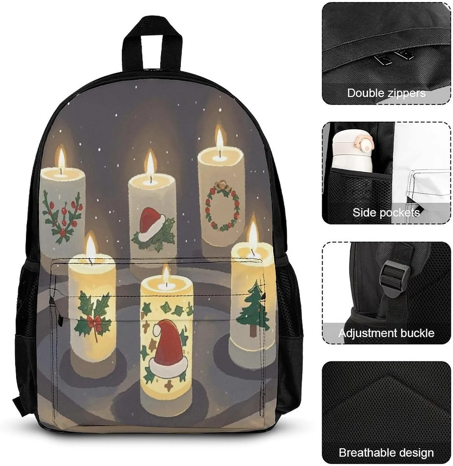 Stylish 3-in-1 Backpack Set, Christmas Candles Print Backpack, Lunch Bag & Pencil Case - Durable Polyester,Lightweight,Comfortable Straps