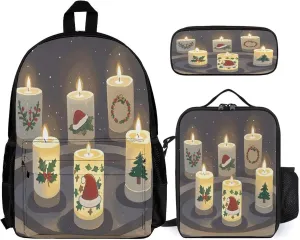 Stylish 3-in-1 Backpack Set, Christmas Candles Print Backpack, Lunch Bag & Pencil Case - Durable Polyester,Lightweight,Comfortable Straps
