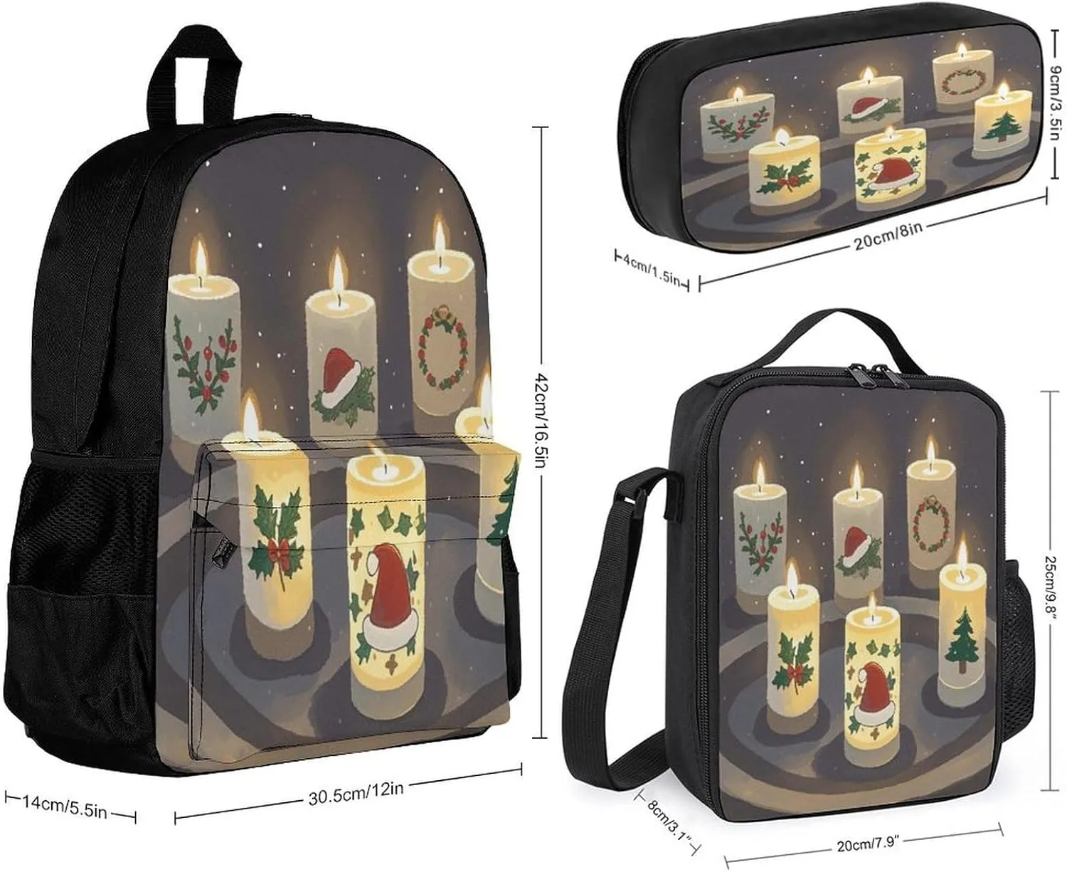 Stylish 3-in-1 Backpack Set, Christmas Candles Print Backpack, Lunch Bag & Pencil Case - Durable Polyester,Lightweight,Comfortable Straps