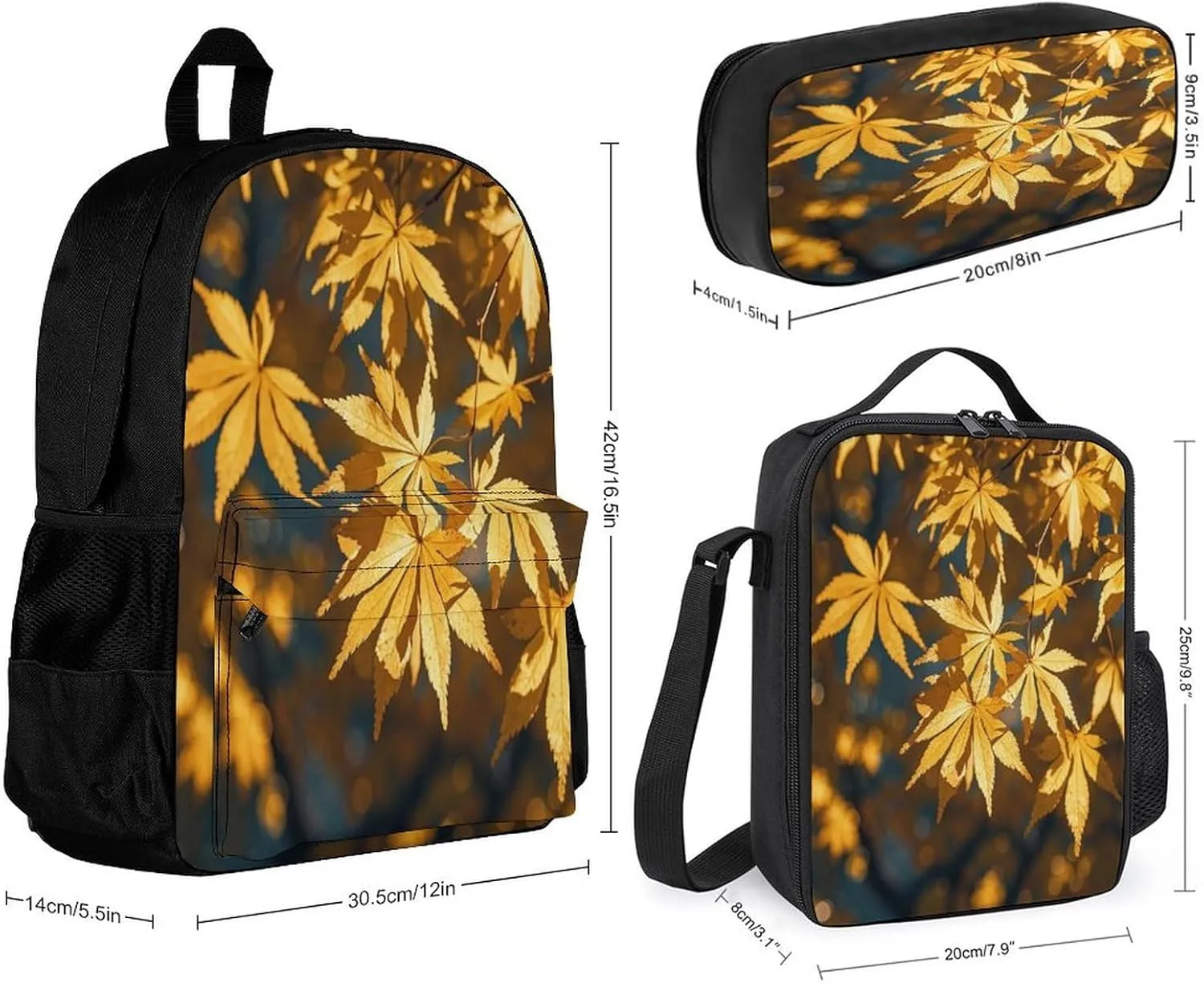 Stylish 3-in-1 Backpack Set, Golden Autumn Leaves Print Backpack, Lunch Bag & Pencil Case - Durable Polyester,Lightweight,Comfortable Straps