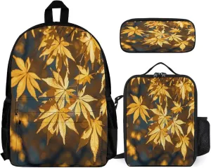 Stylish 3-in-1 Backpack Set, Golden Autumn Leaves Print Backpack, Lunch Bag & Pencil Case - Durable Polyester,Lightweight,Comfortable Straps