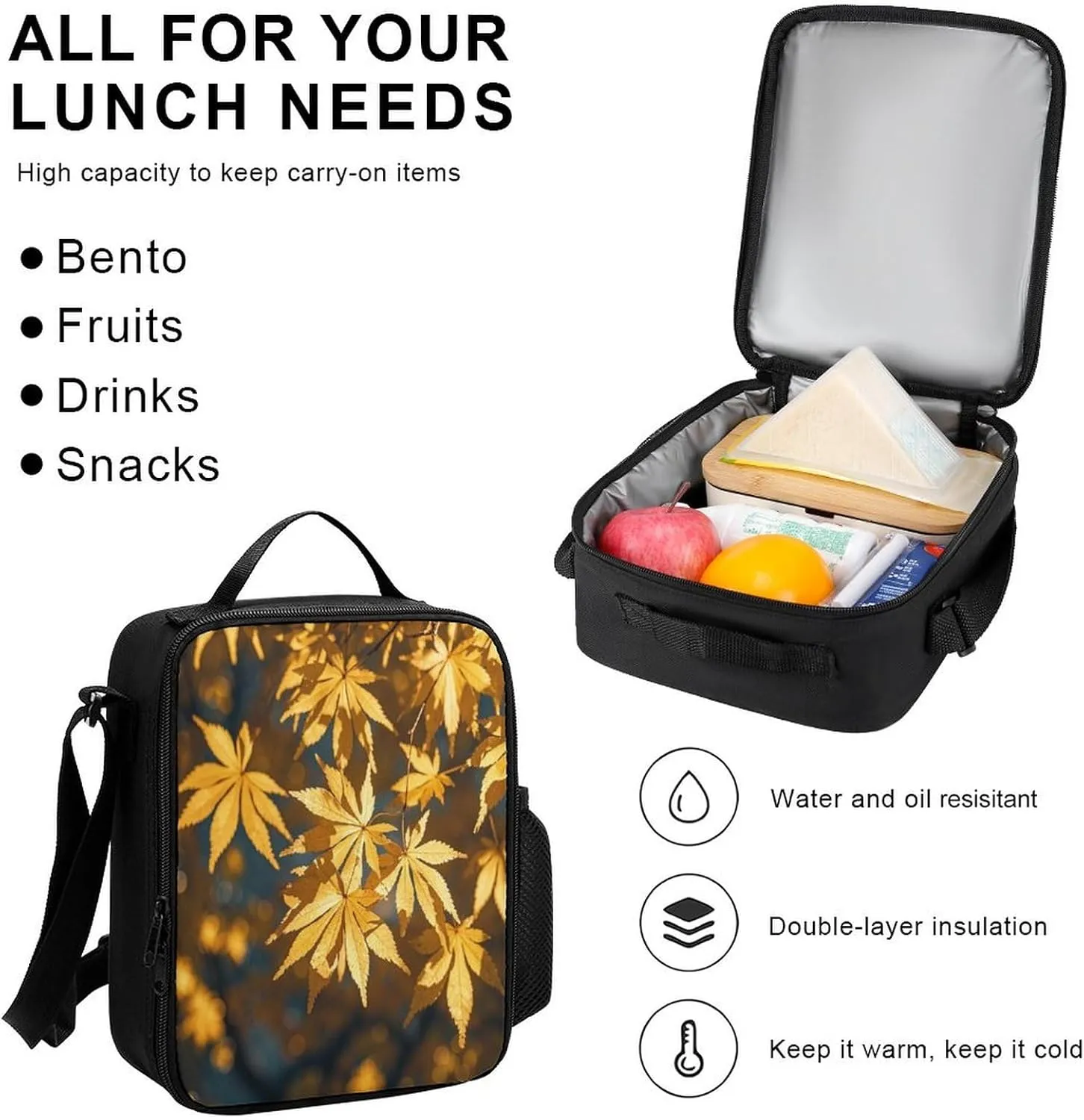 Stylish 3-in-1 Backpack Set, Golden Autumn Leaves Print Backpack, Lunch Bag & Pencil Case - Durable Polyester,Lightweight,Comfortable Straps