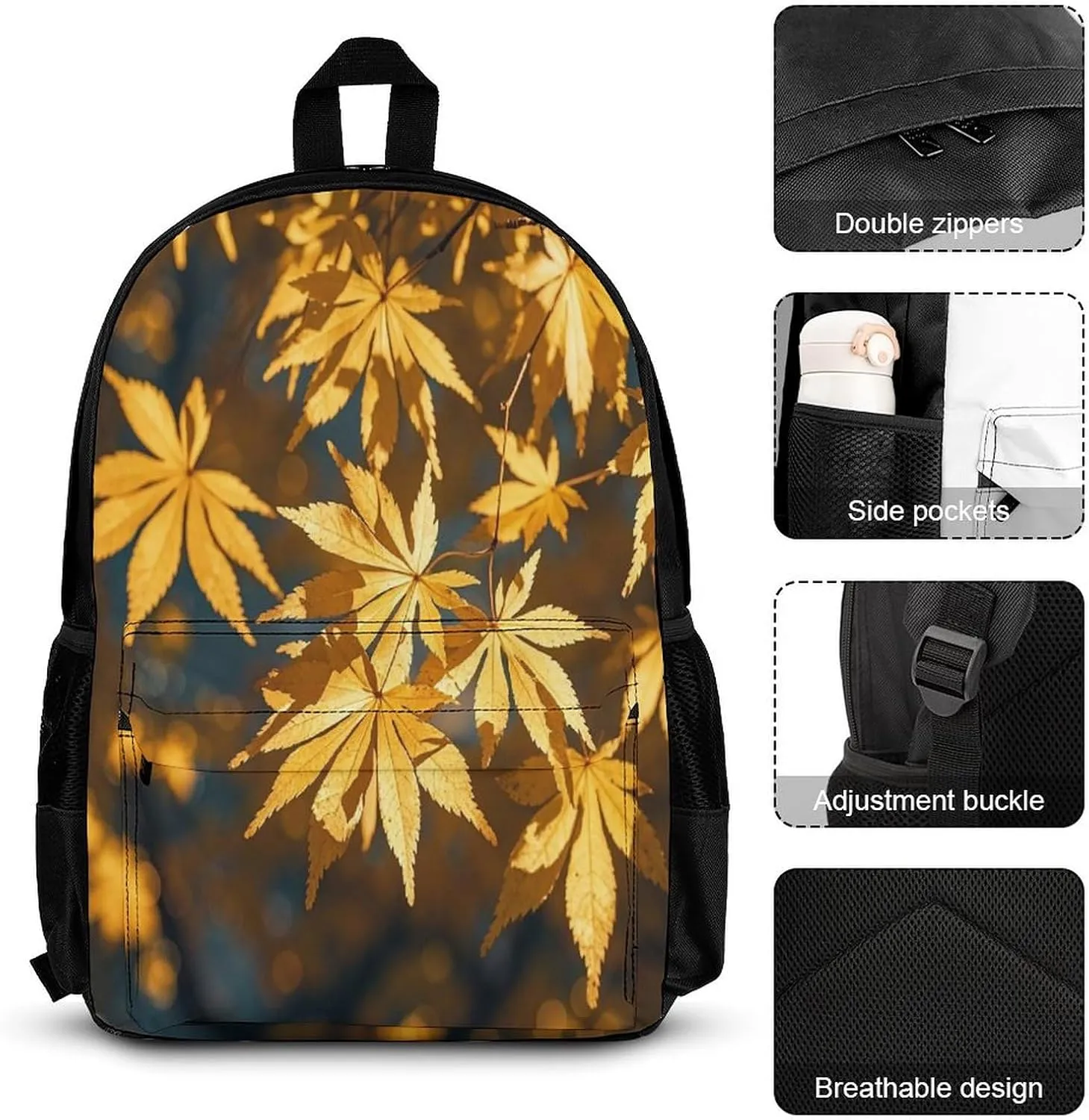 Stylish 3-in-1 Backpack Set, Golden Autumn Leaves Print Backpack, Lunch Bag & Pencil Case - Durable Polyester,Lightweight,Comfortable Straps