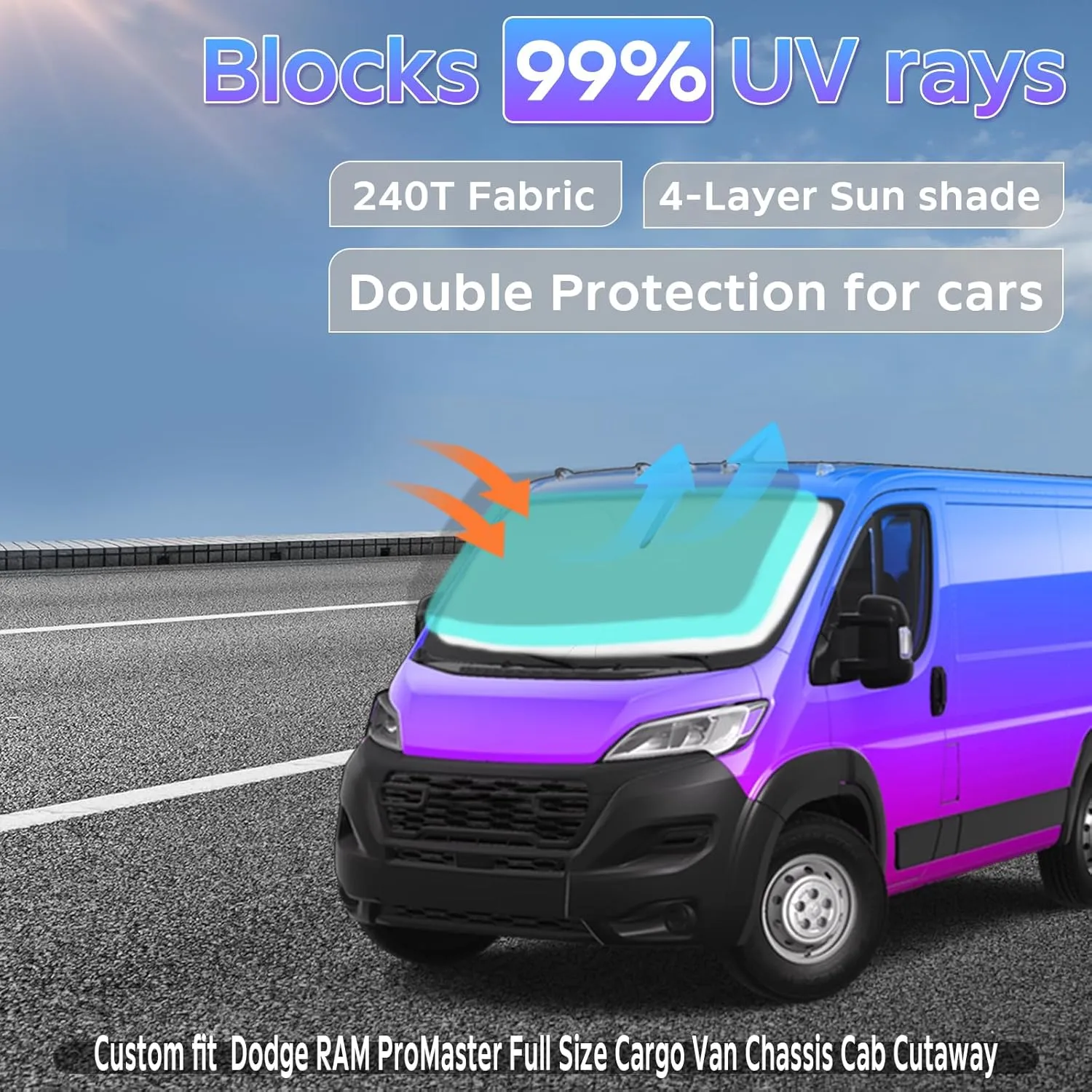 Sun Shade Sunshade for Dodge Ram ProMaster 2014-2024 2025 Windshield Cover, 4-Layers Sun Shield 240T Foldable Window Shade for Ram ProMaster Full Size Cargo Van Chassis Cab Cutaway Van Accessories
