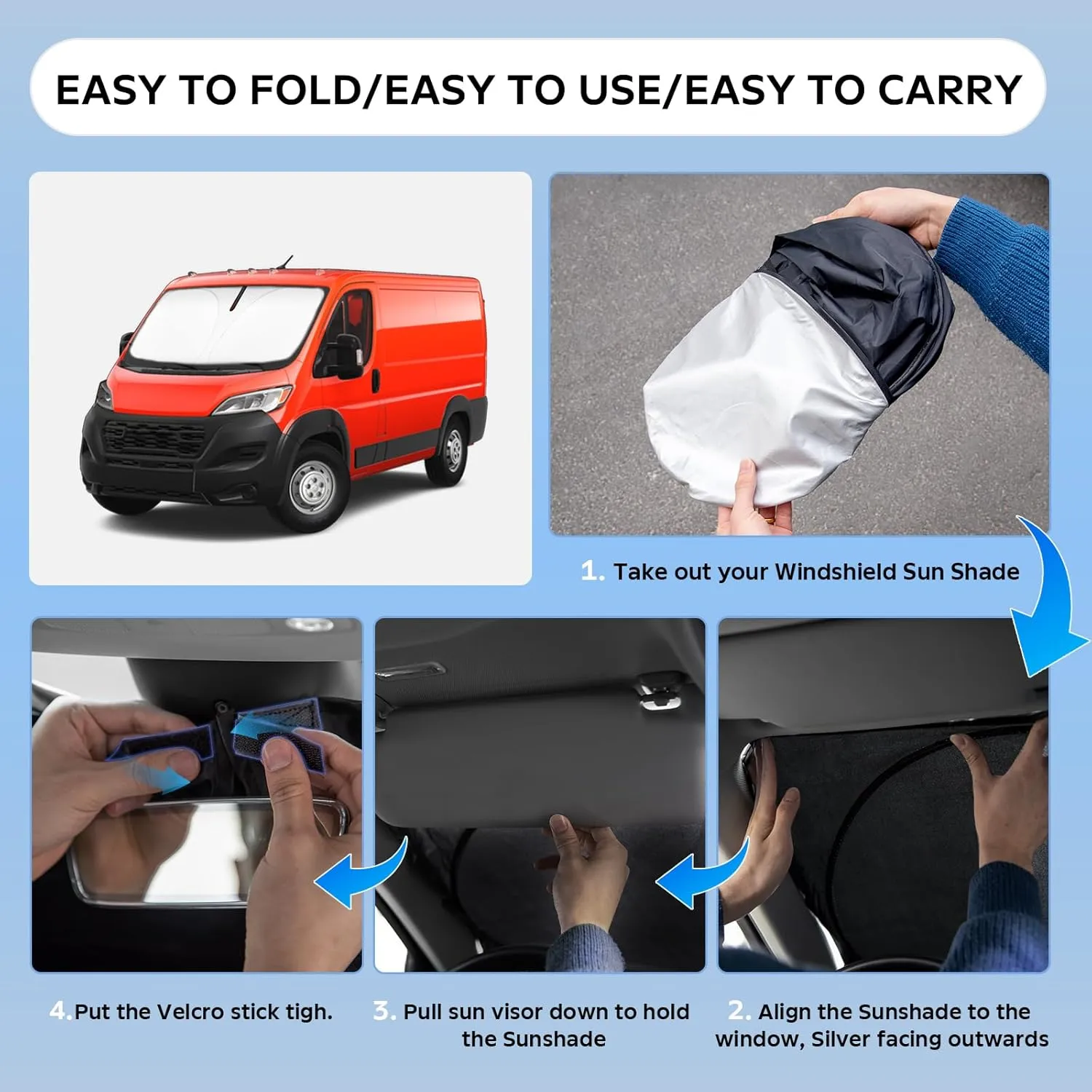 Sun Shade Sunshade for Dodge Ram ProMaster 2014-2024 2025 Windshield Cover, 4-Layers Sun Shield 240T Foldable Window Shade for Ram ProMaster Full Size Cargo Van Chassis Cab Cutaway Van Accessories