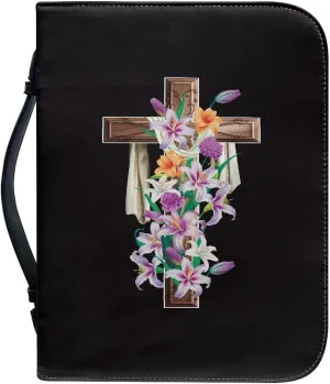 Suobstales Cross Lily Flower Print Bible Cover for Men Women, PU Leather Carrying Book Case Church Bag Bible Protective with Handle and Zippered, XL