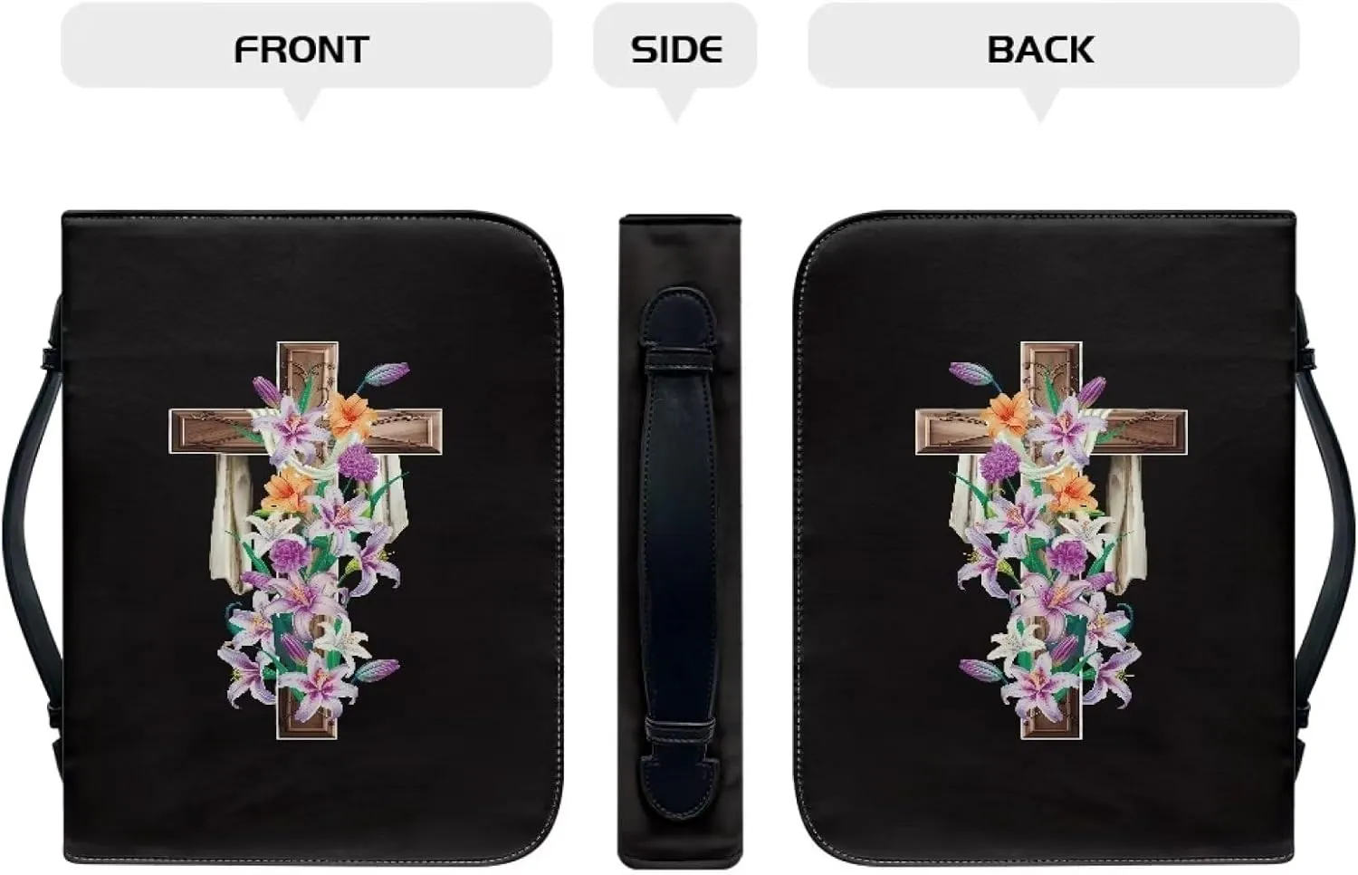 Suobstales Cross Lily Flower Print Bible Cover for Men Women, PU Leather Carrying Book Case Church Bag Bible Protective with Handle and Zippered, XL