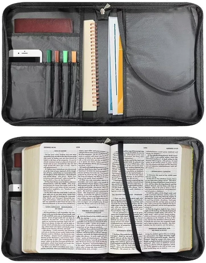 Suobstales Cross Lily Flower Print Bible Cover for Men Women, PU Leather Carrying Book Case Church Bag Bible Protective with Handle and Zippered, XL
