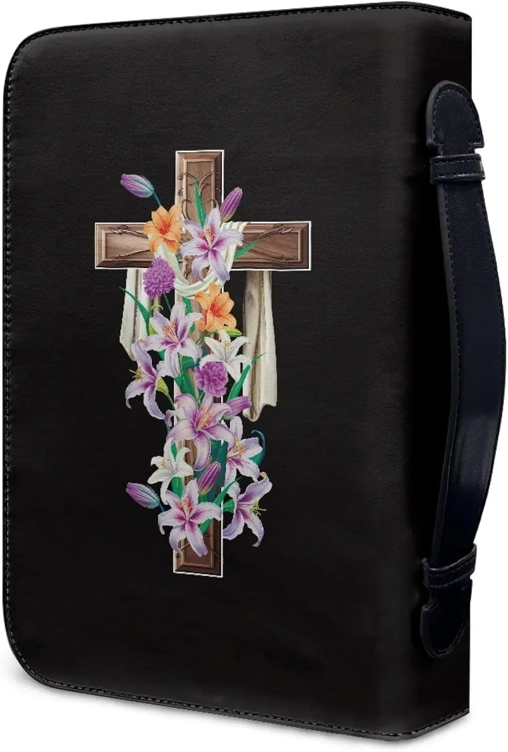 Suobstales Cross Lily Flower Print Bible Cover for Men Women, PU Leather Carrying Book Case Church Bag Bible Protective with Handle and Zippered, XL