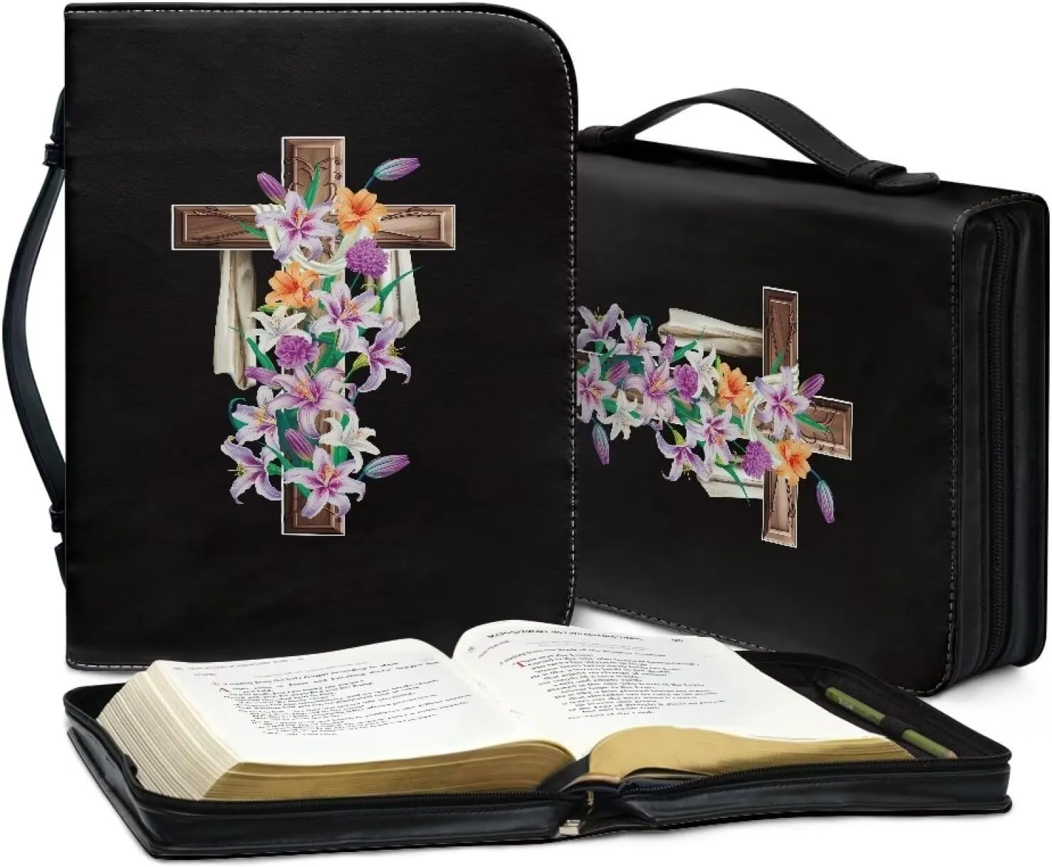 Suobstales Cross Lily Flower Print Bible Cover for Men Women, PU Leather Carrying Book Case Church Bag Bible Protective with Handle and Zippered, XL