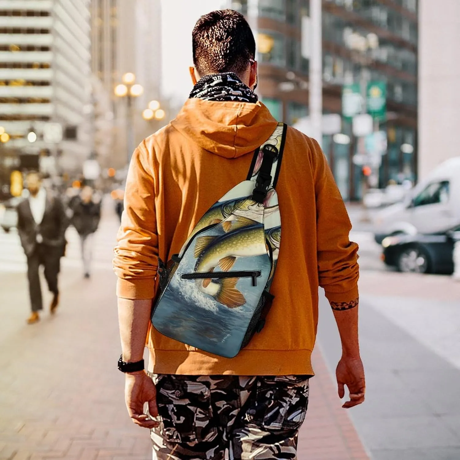 Supdreamc Men & Women Satchel Bookbags Travel Rucksack Daypack, Two Bass Fish Jumping Out Of Water Painting Sling Bag Backpack Bag for Outdoor Travel Hiking - Compact Tool Backpack