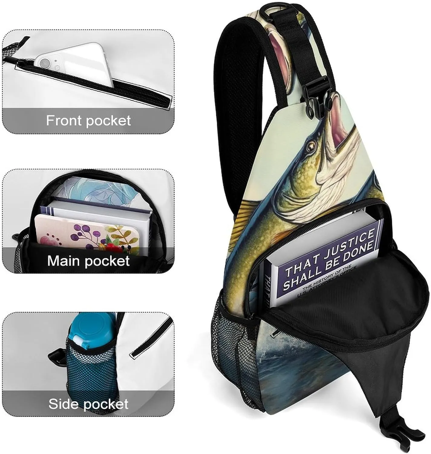 Supdreamc Men & Women Satchel Bookbags Travel Rucksack Daypack, Two Bass Fish Jumping Out Of Water Painting Sling Bag Backpack Bag for Outdoor Travel Hiking - Compact Tool Backpack