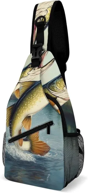 Supdreamc Men & Women Satchel Bookbags Travel Rucksack Daypack, Two Bass Fish Jumping Out Of Water Painting Sling Bag Backpack Bag for Outdoor Travel Hiking - Compact Tool Backpack