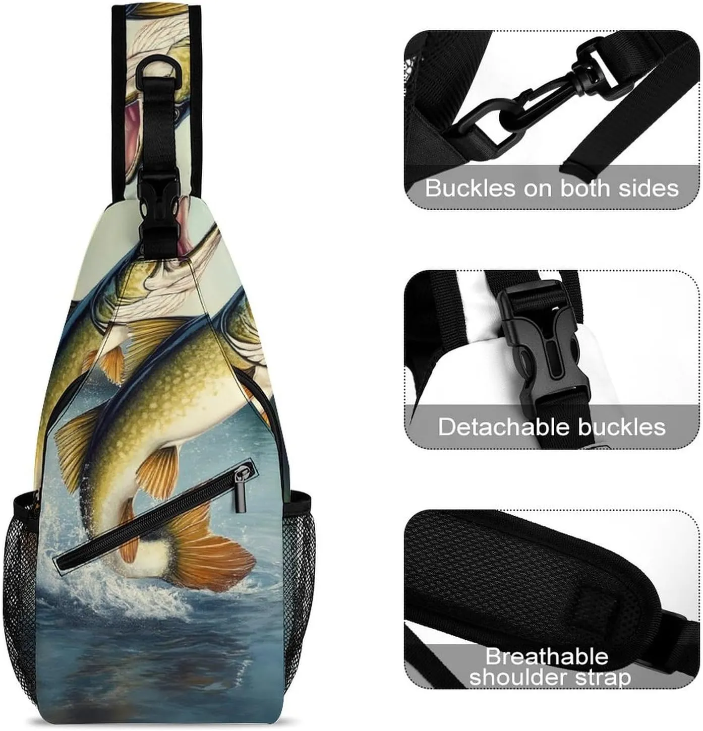 Supdreamc Men & Women Satchel Bookbags Travel Rucksack Daypack, Two Bass Fish Jumping Out Of Water Painting Sling Bag Backpack Bag for Outdoor Travel Hiking - Compact Tool Backpack