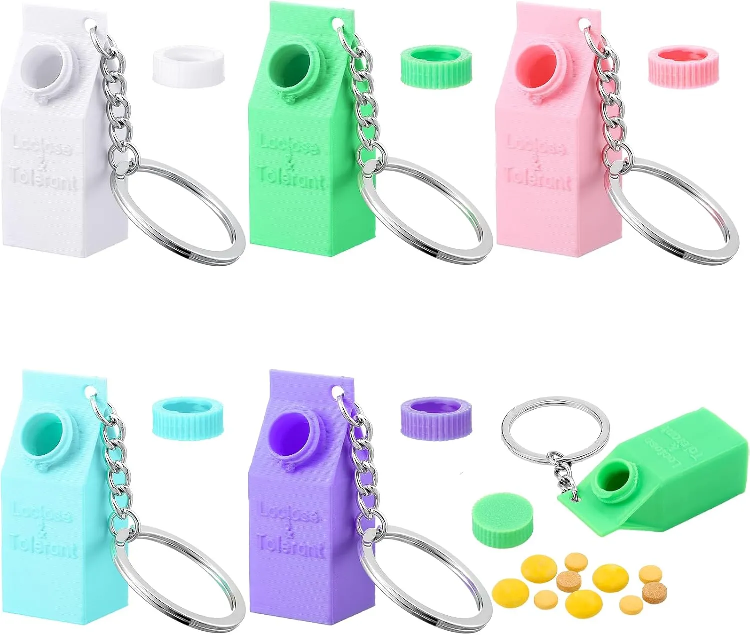 Sureio 5 Pcs Lactose and Tolerant Pill Holder Milk Carton Keychain Holder Mini Lactose Intolerance Pills Case Keychain Container for Backpack Purse Handbag