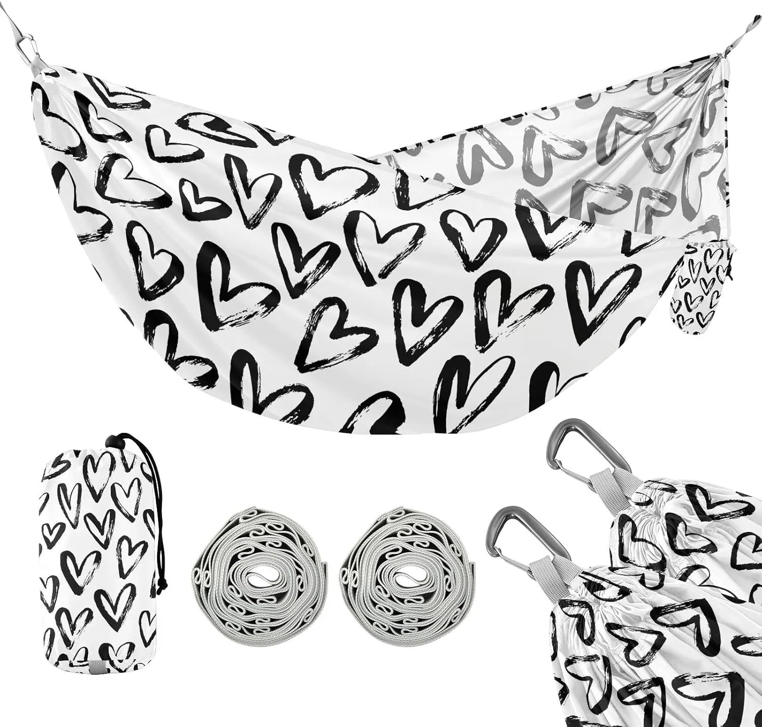 susiyo Portable Camping Hammock Black and White Heart Printed Lightweight Hammock Comfortable Travel Swing with Tree Straps for Camping Hiking Backpacking Travel or Beach - Up to 330lbs