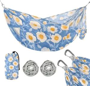 susiyo Portable Camping Hammock Blue White Flowers Printed Lightweight Hammock Comfortable Travel Swing with Tree Straps for Camping Hiking Backpacking Travel or Beach - Up to 330lbs