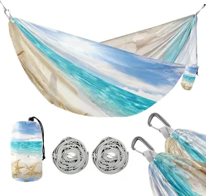 susiyo Portable Camping Hammock Caribbean Samana Beach Seashell Starfish Printed Lightweight Hammock Comfortable Travel Swing with Tree Straps for Camping Hiking Backpacking Travel or Beach - Up to 33