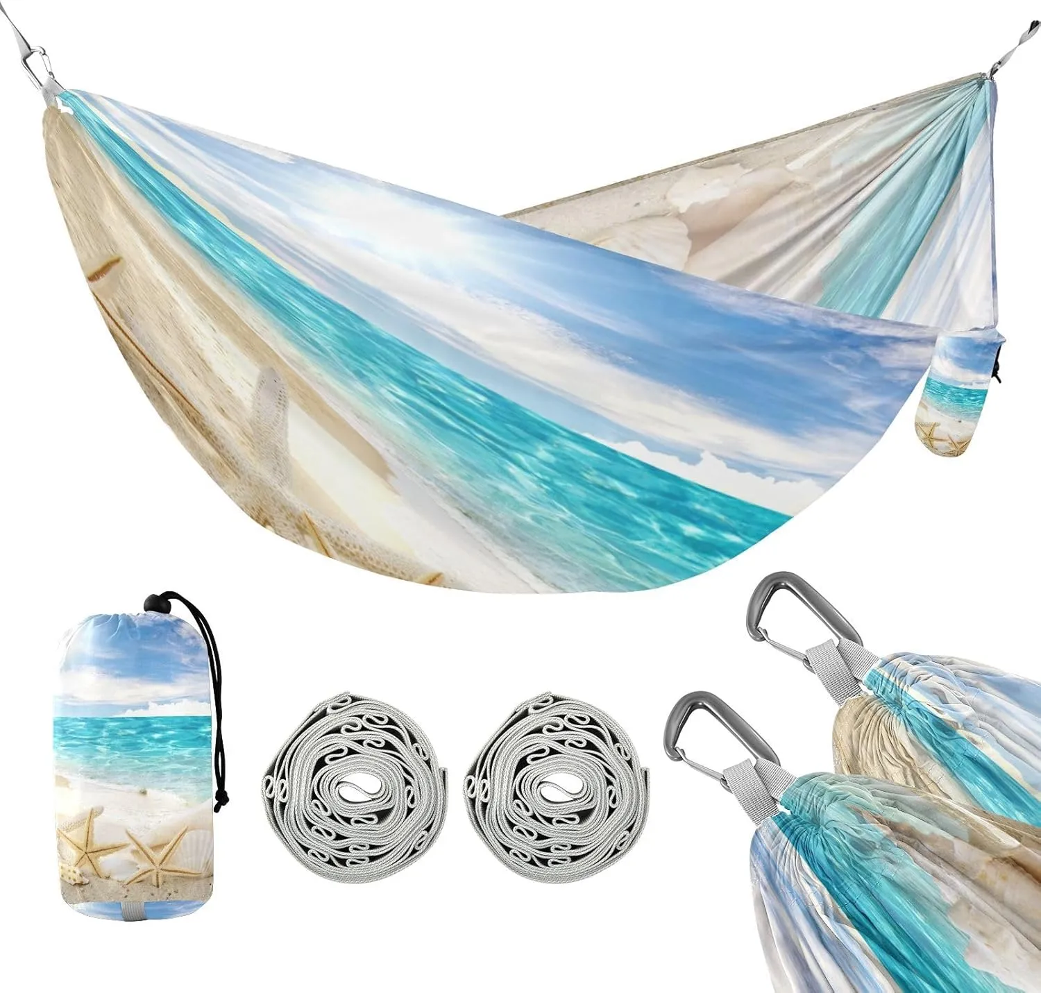 susiyo Portable Camping Hammock Caribbean Samana Beach Seashell Starfish Printed Lightweight Hammock Comfortable Travel Swing with Tree Straps for Camping Hiking Backpacking Travel or Beach - Up to 33