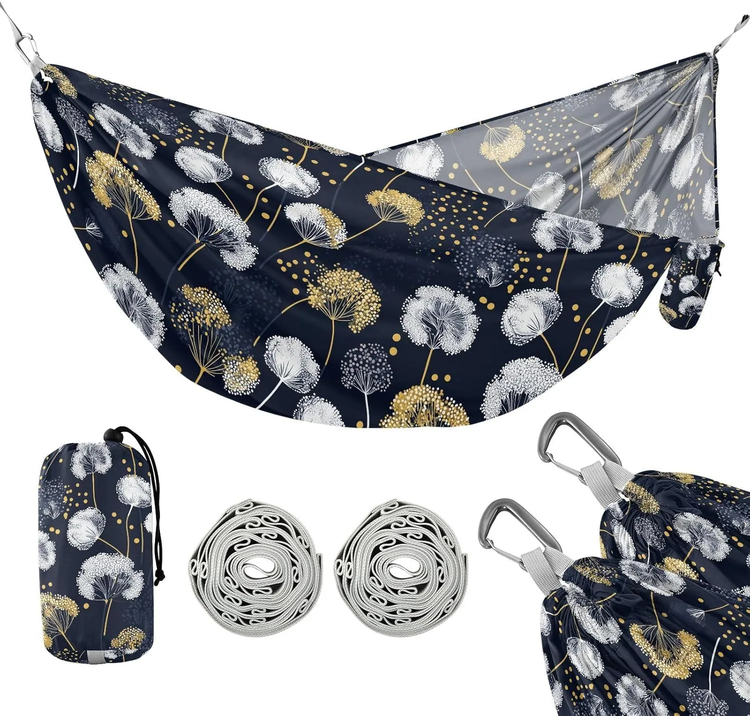 susiyo Portable Camping Hammock Elegant Dandelions Navy Blue Printed Lightweight Hammock Comfortable Travel Swing with Tree Straps for Camping Hiking Backpacking Travel or Beach - Up to 330lbs