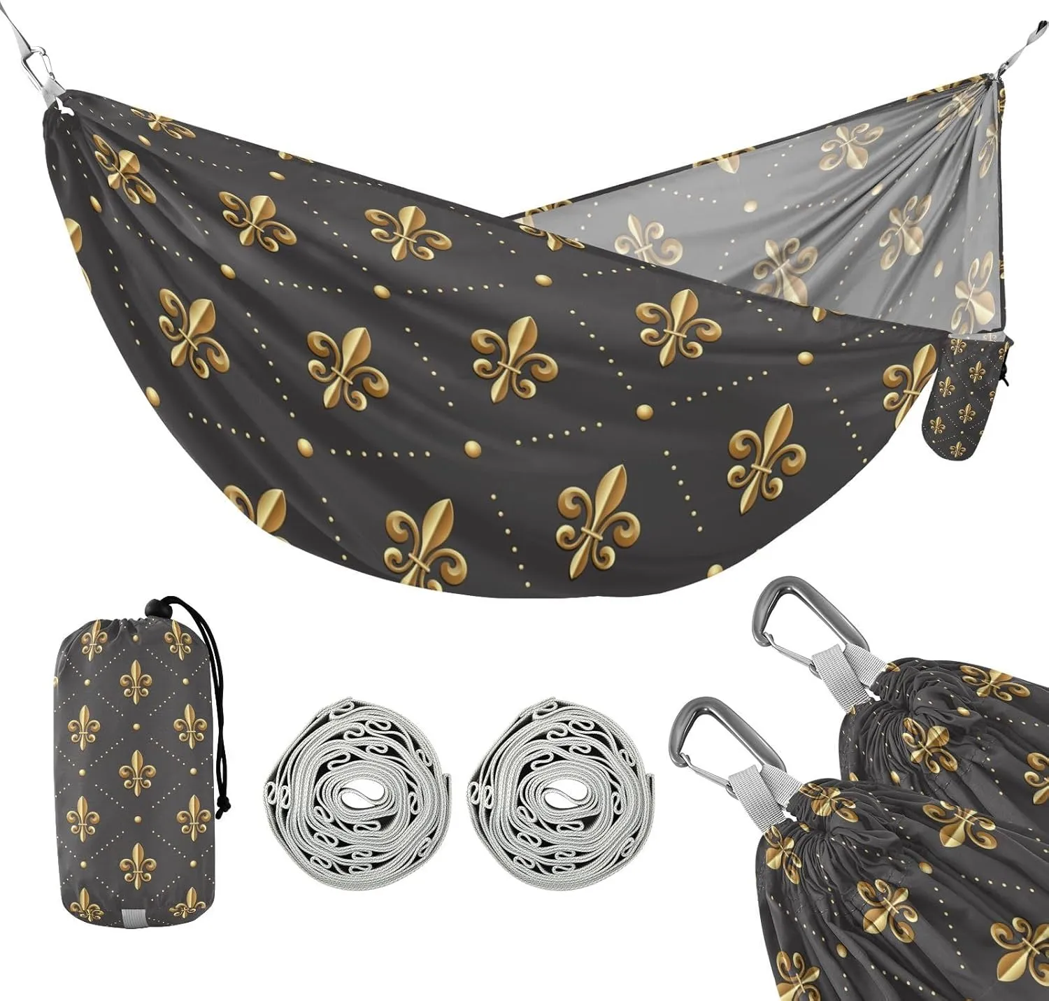 susiyo Portable Camping Hammock Golden Fleur De Lis-1 Printed Lightweight Hammock Comfortable Travel Swing with Tree Straps for Camping Hiking Backpacking Travel or Beach - Up to 330lbs