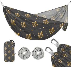 susiyo Portable Camping Hammock Golden Fleur De Lis-1 Printed Lightweight Hammock Comfortable Travel Swing with Tree Straps for Camping Hiking Backpacking Travel or Beach - Up to 330lbs